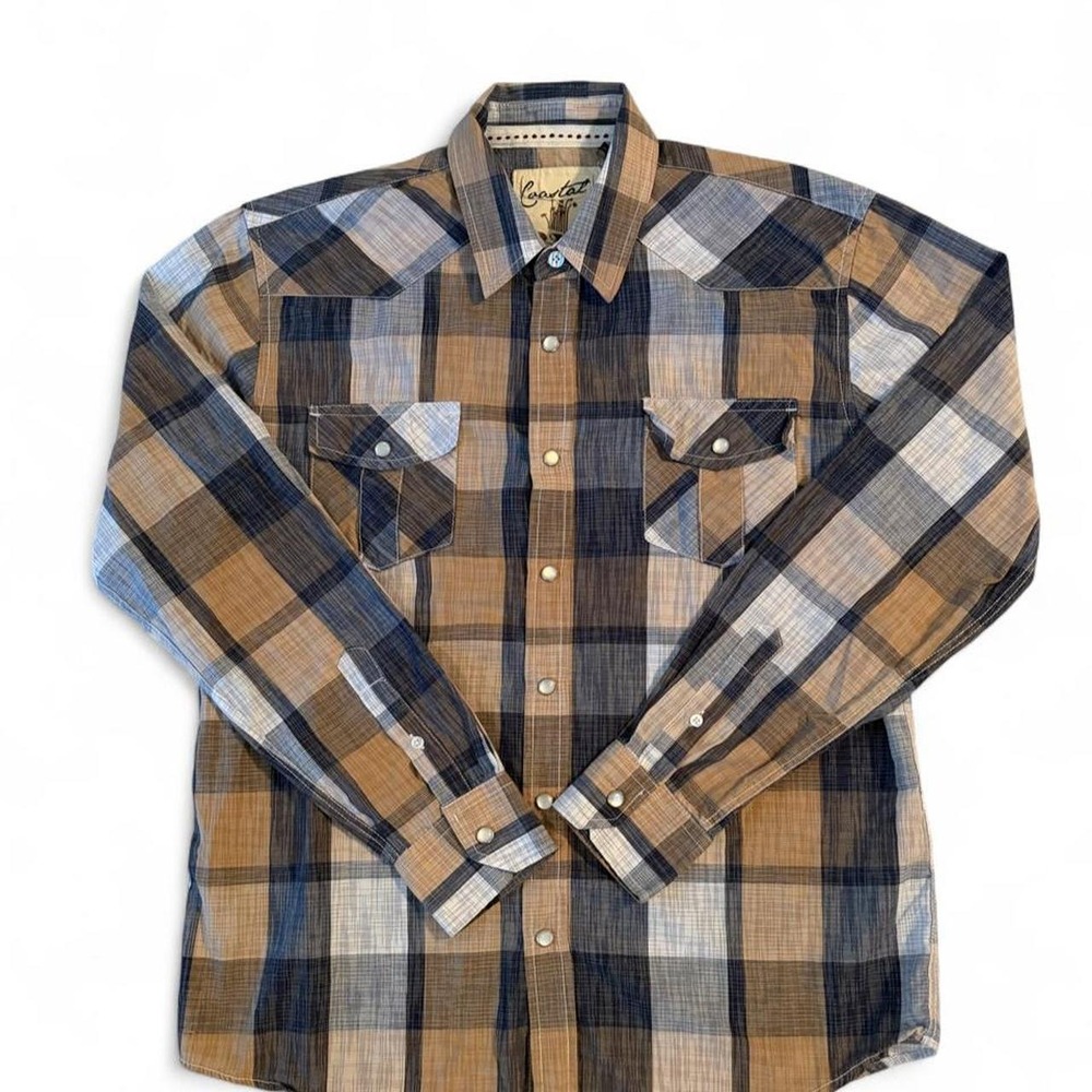 Coastal Mens Plaid Western Snap Button Up Shirt Brown Beige Small Relaxed Fit